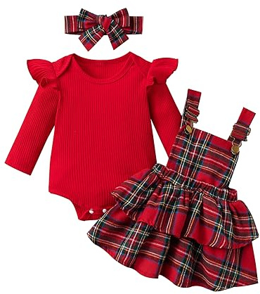 Vioyavo Completo Neonata Bambina Vestiti della Neonata Nataliazio Tuta Stampa a Maniche Lunghe + Gonna a Bretelle TartanTuta Autunnale per Natale (Rosso, 3-6 Months)