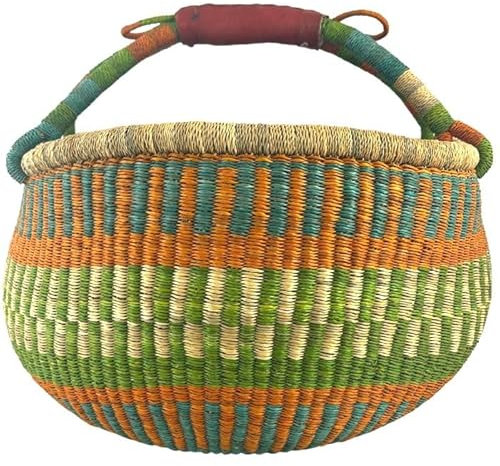 Bolga Korb Afrika - XXL - Das Original aus Ghana - Bunt - Fair Trade - Rund - Viele Farben - Afrikanischer Graskorb mit Ledergriff - Flechtkorb 30-40 cm - Rundkorb mit Wunschdesign (Winneba)