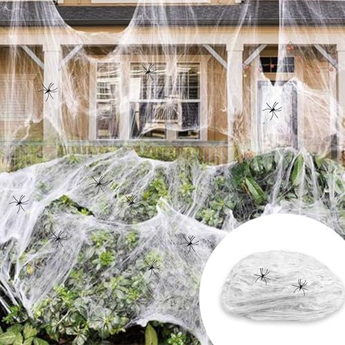 TUZHE Ragnatela decorativa per Halloween, 200 g, decorazione horror, per esterni e interni, con 40 ragni neri e 12 pipistrelli, 1000 m², per interni, grande ragnatela