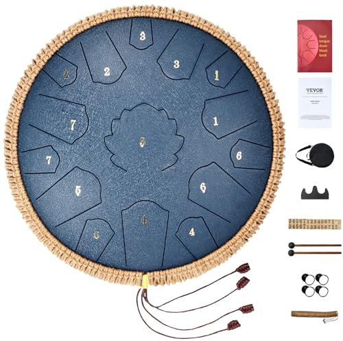 VEVOR Zungentrommel 356mm, Steel Tongue Drum 15 Noten, Regentrommel D-Dur-Tonart, Regenglockenspiel mit 2 Schlägeln & Tragetasche, Handpan-Trommel, Schlaginstrument für Musikunterricht & Yoga, Blau