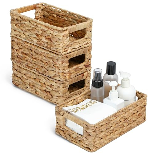 Tadacumir 4 Small 3.6 QT Water Hyacinth Wicker Baskets for Shelves, 10 Long Woven Pantry Organizers and Storage Basket, Decorative Ratten Shallow Rectangle Baskets for Organizing Countertop Bathroom