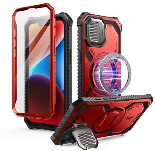 i-Blason Coque pour iPhone 16e avec Support Intégré Protecteur Caméra [MagSafe Compatible] [Protecteur d'écran Intégré] Coque Magnétique Robuste de Qualité Militaire Protection Intégrale, Rouge