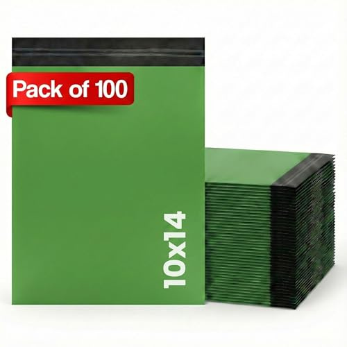 LIVERPOOL ENTERPRISES LTD 100 Pcs Green Parcel Bags – Tamper-Proof Self-Seal Mailing & Postage Bag for Shipping, Packaging & Delivery - Size 10x14 Inches
