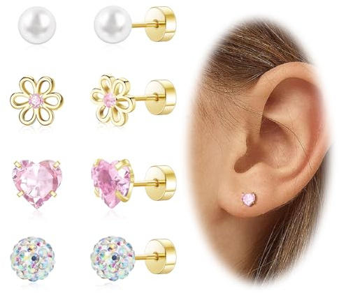 Hypoallergenic Earrings for Girls Toddler Surgical Steel Screw Flat Back Earrings for Sensitive Ears Women14K Gold Silver Earring Cute Heart Flower Pearl Star Stud Earring Sets (Cute Mixed, Gold)