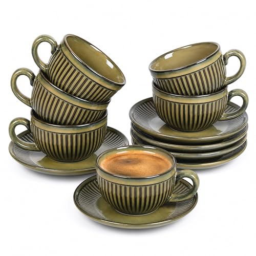 Erkundpresso. Set di 6 Tazze da Espresso 100ml con Piattini, Tazzine da caffè, Ceramica Effetto Forno Pareti Spesse Isolanti, Antiscivolo, Lavastoviglie & Microonde, Confezione Regalo - Verde