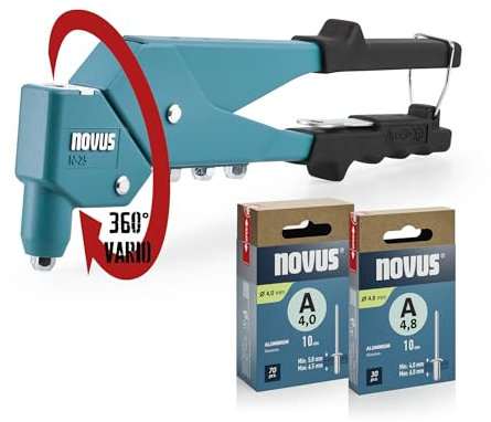 NOVUS TOOLS Pinza rivetti ciechi N-25 Vario Set con 100 rivetti ciechi, pinze rivetti in alluminio con testa girevole a 360°, funzionamento a 1 mano, impugnatura ergonomica, molla di ritorno