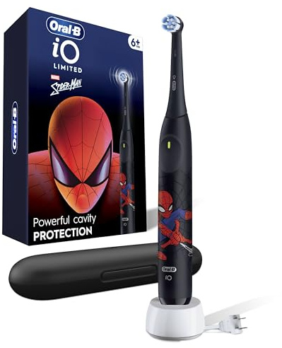 Oral-B iO Kids Limited - Cepillo de dientes eléctrico recargable, Spiderman con 1 cabezal de cepillo de cuidado suave, sensor de presión automático para proteger las encías, 3 ajustes de limpieza