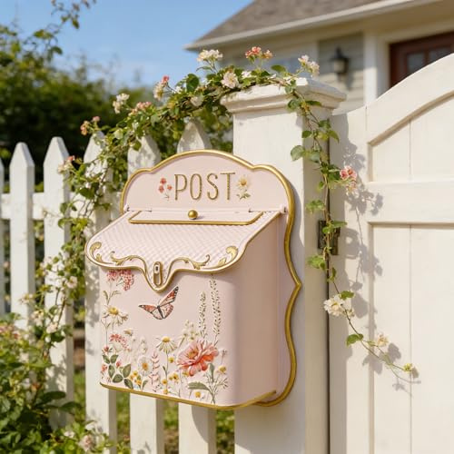Vintage Floral Wall Mount Mailbox, 12.2 H Pink Metal Post Box with Gold Trim & Butterfly Design, Decorative Outdoor/Indoor Mail Holder for Porch, Entryway & Garden Decor