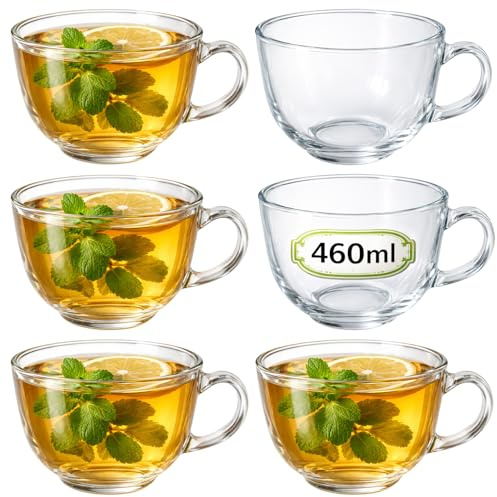 com-four® 6 bicchieri da tè 460 ml – grandi tazze in vetro con manico – per caffè, cappuccino, latte e tè – per bevande calde e fredde (Trasparente - 460 ml)