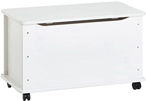 IDIMEX Coffre à Jouets Elisa Coffre de Rangement Malle rectangulaire avec abattant et 4 roulettes, en pin Massif lasuré Blanc