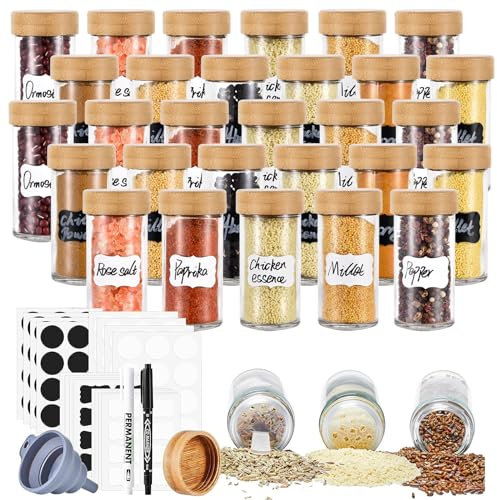 Lot de 30 pots à épices ronds avec bac à saupoudrer 120 ml - Couvercle en bois de qualité supérieure en bambou - Salière à épices - Avec embouts pour épandeur, entonnoirs, étiquettes et crayon à craie