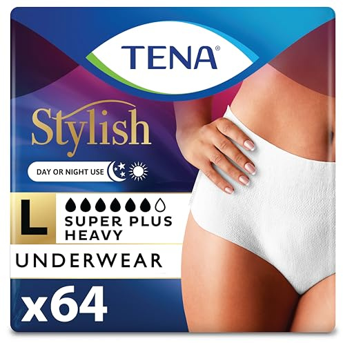TENA Stylish White Incontinence Underwear for Women, Super Plus Heavy Absorbency, Adult Diapers, Large (Waist Sizes 37in-50in), 64 Count (2 packs of 16)