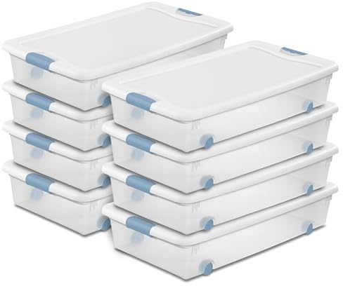 Sterilite 8-Pack Latching Box, Under Bed Storage Bins with Lids, Clear Plastic, 56 Quart - Heavy-Duty Organizing Containers for Closet, Bathroom, and Office