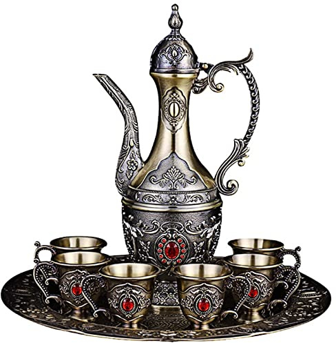 Vintage Turkish Coffee Pot and Cups Set,Tea Service Set Including Teapot,Tea Tray and Metal Cups for Wine Cabinet Decor,Wedding Ornaments (Bronze with Red Crystal)