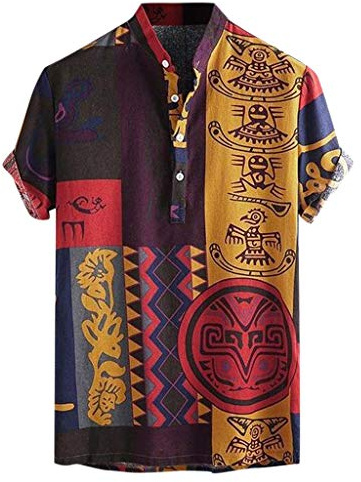 riou Camisas Casual Hombre Barata Estilo étnico Retro Camisa de Formal Sólido Playa Tops Blusa con Botones Cómodo y Transpirable Camiseta Básica Ajuste Regular