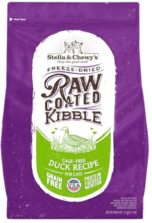 Stella & Chewy's Raw Coated Cat Food - High Protein, Grain-Free Kibble with Cage-Free Duck - Premium Digestive Support with Probiotics - Natural Small Kibble - Perfect For Picky Eaters - 2.5 lb Bag