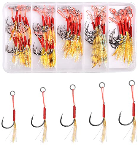 Kit de 50 hameçons d'assistance à la pêche avec plume, en acier à haute teneur en carbone, hameçons pointus pour pêche à la traîne (kit jaune)