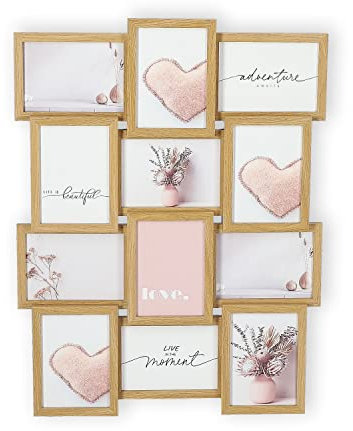 Wackadoo Bilderrahmen Collage 13x18 cm für 12 Fotos - Holz Bilderrahmen aus MDF mit Glas, Wanddekoration im Hoch- & Querformat, Fotocollage zum Aufhängen, Galerierahmen Natur Holzoptik, picture frame