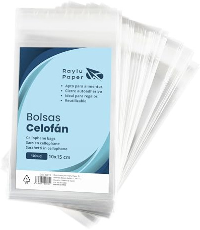 Raylu Paper® – Bolsas de Celofán Transparente, 100 Bolsas Transparentes con Cierre Autoadhesivo, Bolsitas de plástico para Regalos, Celebraciones, Cumpleaños y Chuches. (10x15 cm)