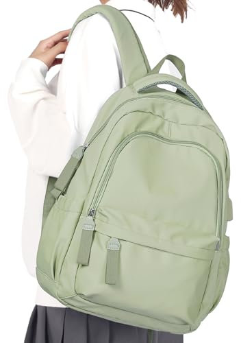 WEPLAN Backpack Women School Backpack for Girls Teenagers Boys School Bag Lightweight Casual Backpacks College Rucksack Women Men Work Bag with USB Charging Port Laptop Rucksack 14 inch,Light Green