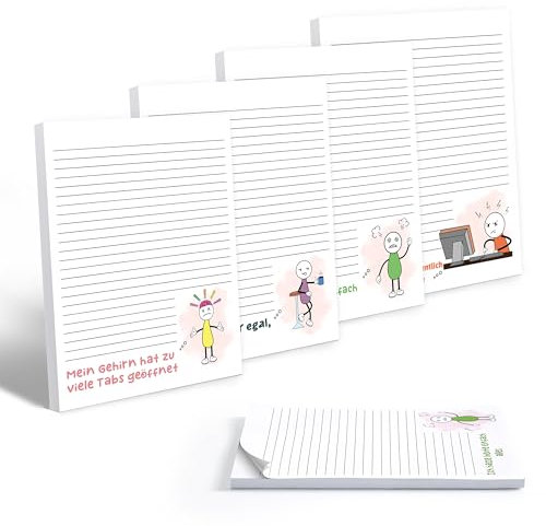 Winter Shore Lustige Notizzettel mit Sprüchen in Deutsch (4 Stk) - Humorvolle Selbstklebende Haftnotizen Klebezettel für Schule, Arbeit, Büro - 50 Blatt Pro To Do Block, 4 Designs - 108 x 140 x 6 mm