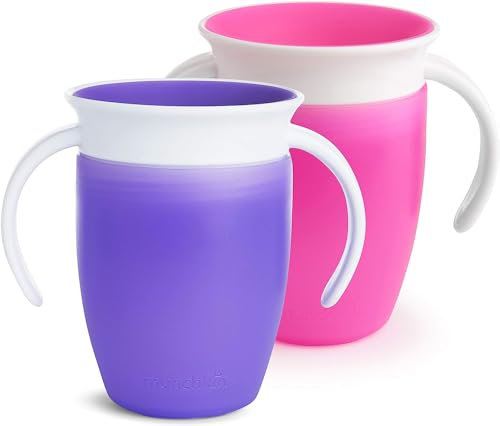 2 PCS Vaso de Aprendizaje para Bebé y Niños Pequeños, Vaso Infantil 360° con Asas, Antiderrame Libre de BPA para Bebés a Partir de los 6 Meses, Apto para Lavavajillas, 207 ml, (Morado/Rosa)