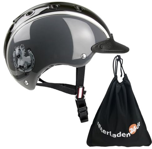 RL24 - Casco Kinder Reithelm Nori Hufeisen inkl. Schutzbeutel | Reitkappe für Mädchen & Jungen | Helm zum Reiten, Fahrrad- & Skifahren | Reiterhelm in Schwarz/Grau | Größe S (52-56 cm)