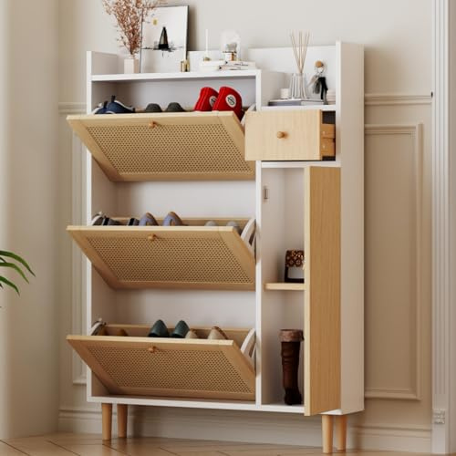 KOMHTOM Armoire à Chaussures en rotin avec 4 Portes et 1 Petit tiroir, Meuble a Chaussures Entree Range Chaussures (B, Naturel + Blanc)