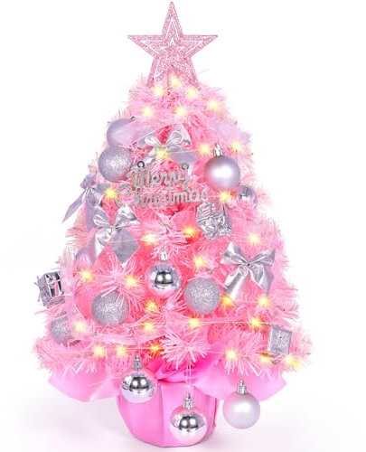 MZJAUVF Albero di Natale Piccolo, Rosa Alberos Natales Piccolo, 60cm Albero di Natale da Tavolo, Mini Alberos di Natale con Luci LED, Alberelli di Natale Piccolis per Decorazioni Natalizie