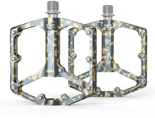 Road/Mountain Bike Pedals - 3 Bearings Bicycle Pedals - 9/16” CNC Machined Flat Pedals with Removable Anti-Skid Nails (Camouflage-Yellow)