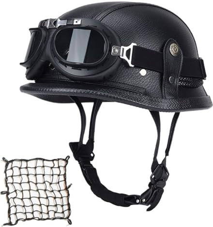 Labzaa Deutschen Motorradhelm Halbschalenhelm mit ECE, Retro Lederhelm Jethelme Vintage Mopedhelm mit Brille Sonnenblende, Offenem Helm für Herren und Damen A XL