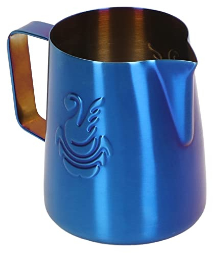 Akozon Brocca per latte art in acciaio inossidabile da 380 ml con beccuccio, design unico a forma di cigno, manico dai colori vivaci, per amanti del caffè e baristi (blu)