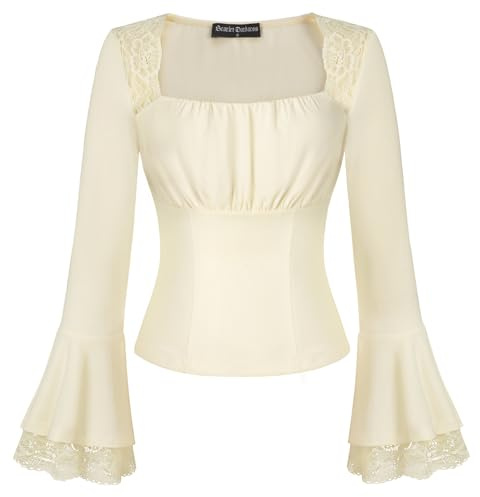 Scarlett darkess viktoriansk spetsblus smal passform gotiska Y2k toppar fyrkantig hals rynkad byst långärmade skjortor, BEIgE, XXL