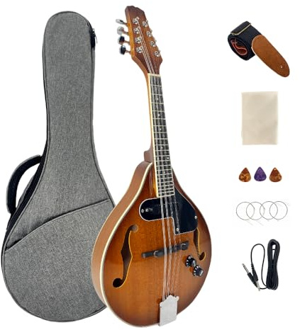 WUQIMUSC Electric Acoustic Mandolin A Style 8 String, Mahogany Body w/Built-in Pickup – Full Kit for Stage, Studio & Home (Includes Gig Bag, Audio Cable, Strap & Picks)