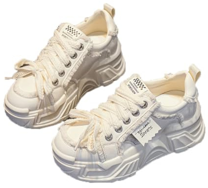 Sneakers da Donna con Plateau in Tela Sneakers Chunky alla Leggere e comode Scarpe da papà Che Aumentano l'altezza Comode e Versatili Bianco 37