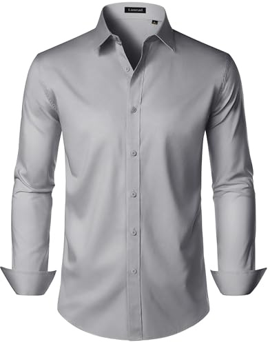 Lusead Mens Dress Shirts Grey Stretch Wrinkle Free Button Up Formal Birthday Long Sleeve Regular Fit Wedding Prom Party Shirt