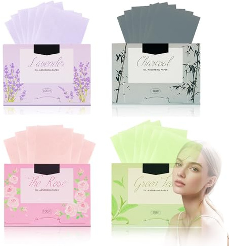 Oil Blotting Sheets for Face, 4-Pack, 400 Count, Compact Dispensers | Lavender, Charcoal, Rose And Green Tea Variants, Absorbs Excess Surface Oil, For Make-Up Touch-Ups At Home, Work Or Travel