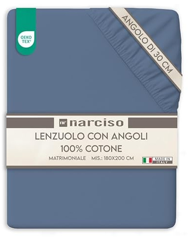 NARCISO Lenzuolo con Angoli Matrimoniale 100% Cotone (180x200 con Angolo di 30cm) Lenzuola Sotto con Angoli Matrimoniale Traspirante ed Anallergico, Biancheria da Letto Made in Italy (2P, Polvere)