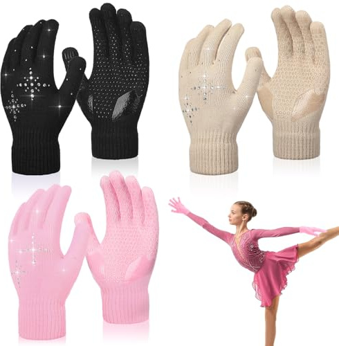 Toulite 3 Pairs Figure Skating Gloves for Kids Thick Non Slip Gel Winter Ice Skating Glove for Girls with Rhinestone Crystals (Pink, Black, Nude,Snowflake)
