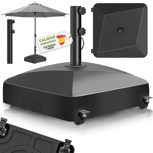 tillvex® Base per ombrellone GRAVIA e Ruote e Freni | Zavorra ombrellone riempibile 37L/56kg | Piedistallo per ombrelloni Giardino e Mercato Ø1,8-3,7m | Resistente a intemperie e UV (Nero)