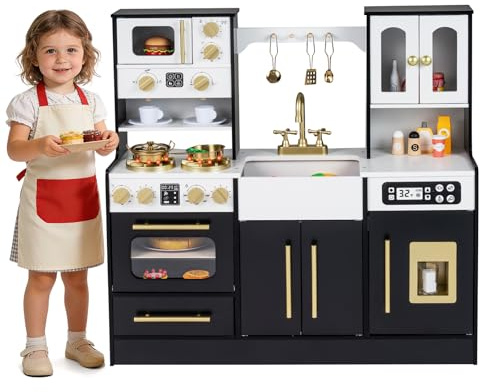 COSTWAY Cuisine Enfant avec Machine à Glaçons, Cafetière, Cuisine en Bois Enfant Montessori avec Lumières et Sons, Micro-Ondes, Four, Évier, Robinet, Tiroir, Armoire, 14 Accessoires, 3+ Ans (Noir)