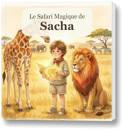 napoolo Livre personnalisé enfant safari photo et prénom - Idée cadeau | Aventure douce dans la savane, son animal préféré et sa dédicace, 32 pages aquarelle, carré 21,6 cm, dès 2 ans
