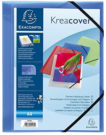 Exacompta - Réf. 55182E - 1 chemise à élastiques Kreacover - pochette 3 rabats - en polypropylène translucide - dimensions 24 x 32 cm pour documents au format A4 - couleur bleu