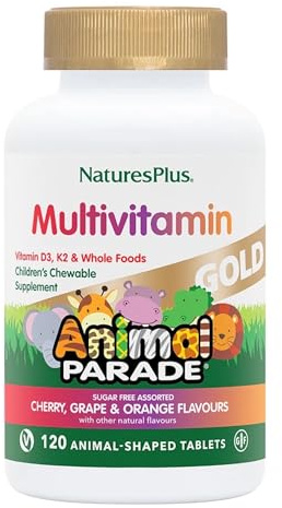 NaturesPlus Animal Parade Gold Children’s Multivitamin - Animal Shaped Chewable Multi for Kids - Assorted Flavours - Vegan, Gluten Free - 120 Chewable Tablets
