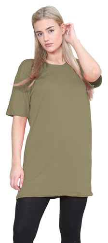 janisramone® Womens Short Sleeve Tunic T Shirts, Round Neck Oversized T Shirts for Women UK, Soft Comfortable Pj Dress, Perfect Summer Longline Ladies Tops Khaki