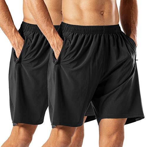 HMIYA Sportshorts för män snabbtorkande korta byxor med dragkedja, Svart/svart, 4XL