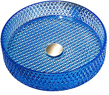 SHUGUANG Lavandino in Vetro, Lavabo da Appoggio ​in Vetro Cilindrico Lavabo da Bagno Artistico Lavabo da Appoggio con Set di Scarico dell'Acqua, 400×400×105mm,Blu