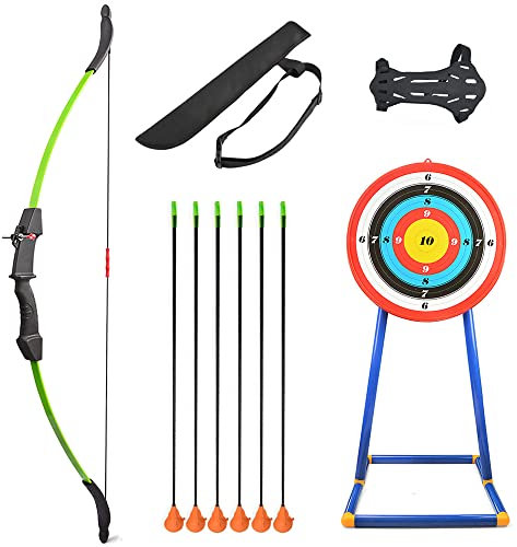 SHARROW Outdoor Jugend Recurve Bogen und Pfeil Set Kinder Bogen Bogenschießen Set Junior Anfänger Training Bogen mit Saugerpfeilen, Vertikale Zielscheibe, Armschutz, Köcher (Grün)