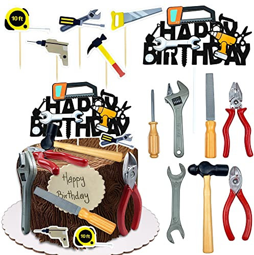 18 herramientas para decoración de tartas, caja de herramientas, martillo, mecánico, taladro, alicates, sierra de mano, destornilladores, temática de feliz cumpleaños