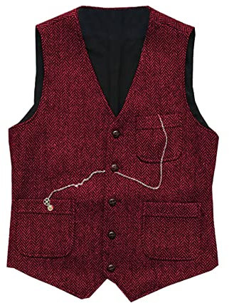 Herrkostym väst butik ull tweed smal fiskbensmönstrad väst affärer bröllop enkelknäppt väst, Vinröd, L